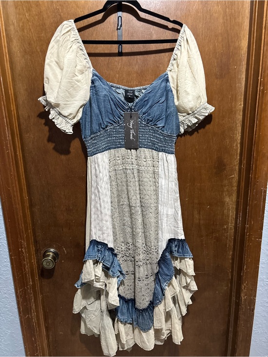Young Threads Dresses & Skirts - Boho Patchwork Maxi Dress with Puff Sleeves - Neutral & Denim